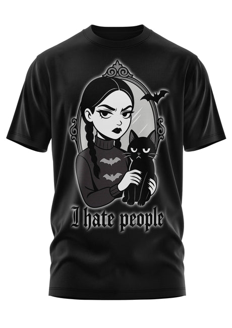 Schwarzes T-Shirt mit der Grafik eines Mädchens, das eine Katze hält, und der Aufschrift ’I hate people’.