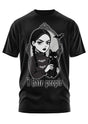 Schwarzes T-Shirt mit der Grafik eines Mädchens, das eine Katze hält, und der Aufschrift ’I hate people’.