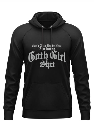 Schwarzer hoodie mit weißem gothic text bitte kann nicht sprechen ich mache goth girl shit horror style