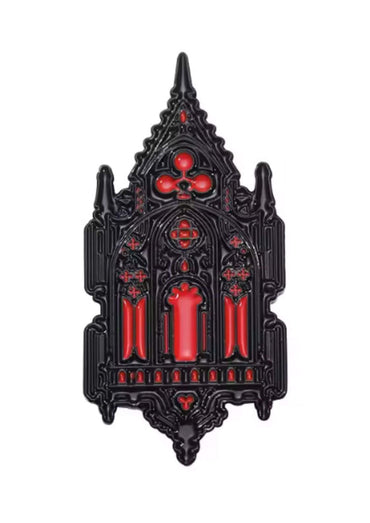 Goth pin Gothic kathedrale brooch mit rot schwarz akzenten schädel design kupfer zubehör emaille dekor goth mode