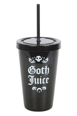 Schwarzer ’Goth Juice’-Becher mit Strohhalm.