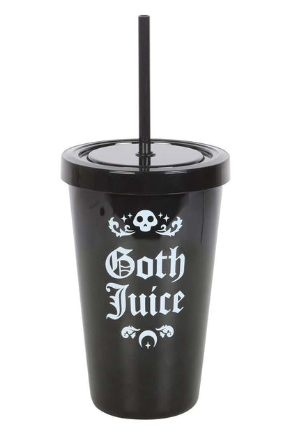 Schwarzer goth juice tumbler aus kunststoff mit passendem deckel und strohhalm, weißer gotischer schriftzug und schädelmotiv
