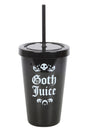 Schwarzer ’Goth Juice’-Becher mit Strohhalm.
