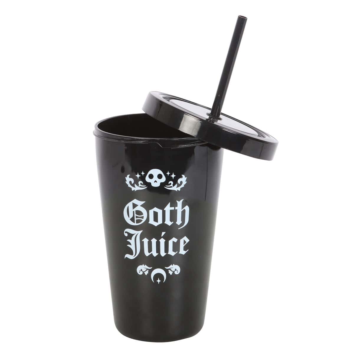 Schwarzer goth juice tumbler becher mit glänzendem finish weißer gotischer schrift und schädelmotiven