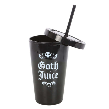 Schwarzer goth juice tumbler becher mit glänzendem finish weißer gotischer schrift und schädelmotiven