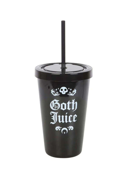Schwarzer goth juice tumbler becher mit weißer gotischer schrift und dekorativen schädelmotiven mit passendem deckel und strohhalm