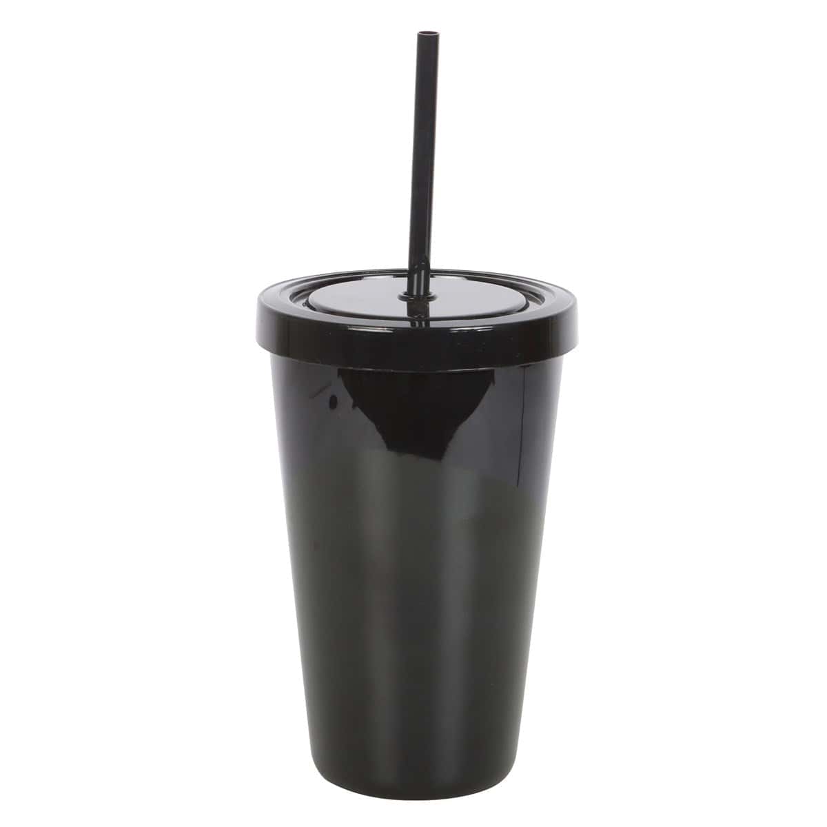 Schwarzer glänzender plastik juice tumbler mit passendem deckel und strohhalm im goth juice tumbler design