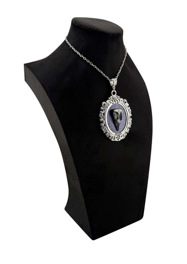 Silberne ornate halskette mit gothic crow skull anhänger und dunkel fossilisiertem zahn im ovalen rahmen