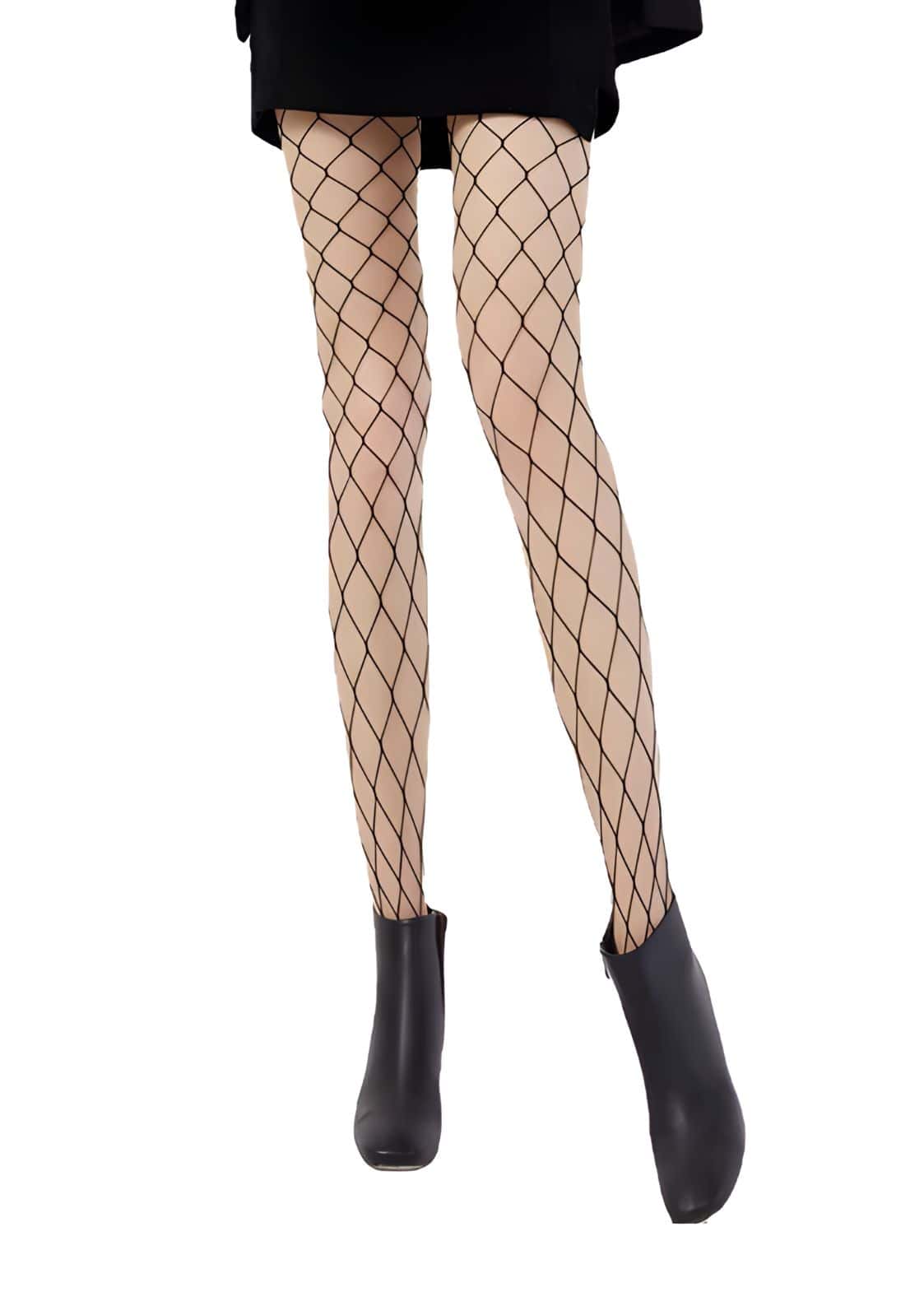 Fischernetzstrümpfe mit Diamantmuster, Beige- und Schwarzfarbenschema.