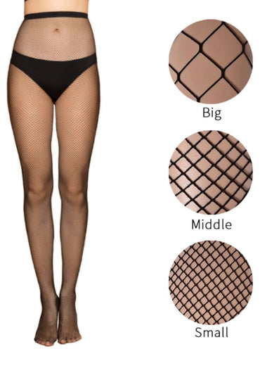 Netzstrumpfhose mit schwarzem Netz und elastischem Bund, erhältlich in drei Größen: groß, mittel, klein.