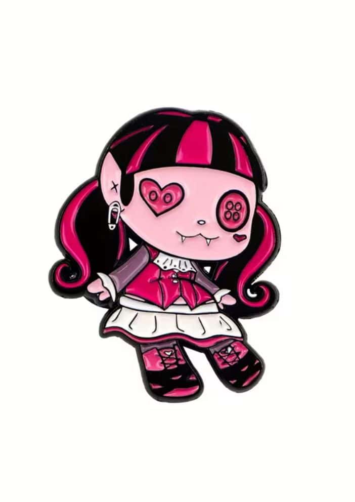 Pink und schwarze emaillierte gothic horror pin mit chibi monster high charakter mit herzaugen und vampirzähnen