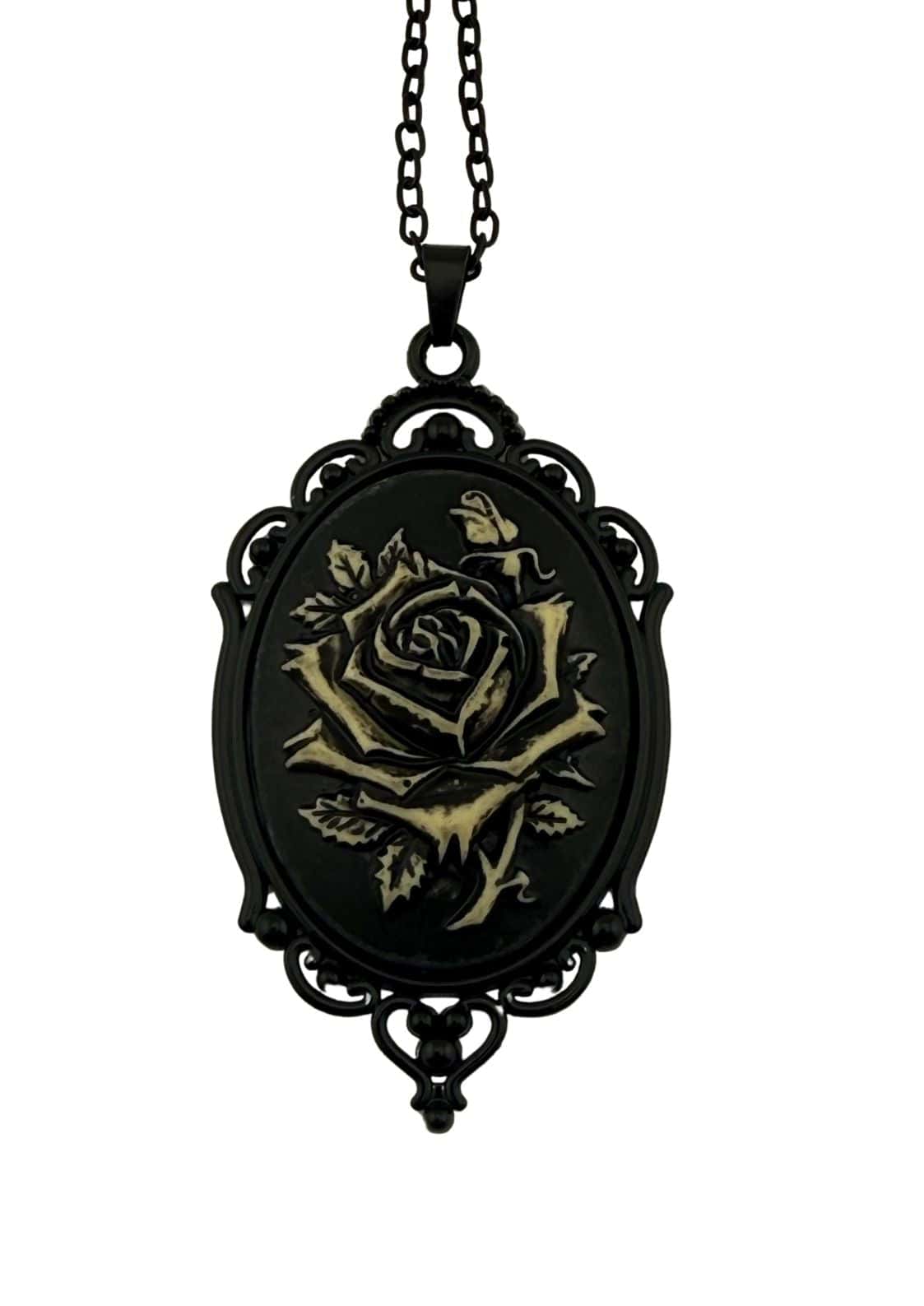 Schwarze gothic rose halskette mit schwarzer rosen-kameeanhänger aus kunstharz und metall