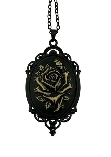Schwarze gothic rose halskette mit schwarzer rosen-kameeanhänger aus kunstharz und metall