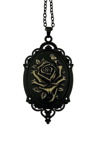 Schwarze gothic rose halskette mit schwarzer rosen-kameeanhänger aus kunstharz und metall