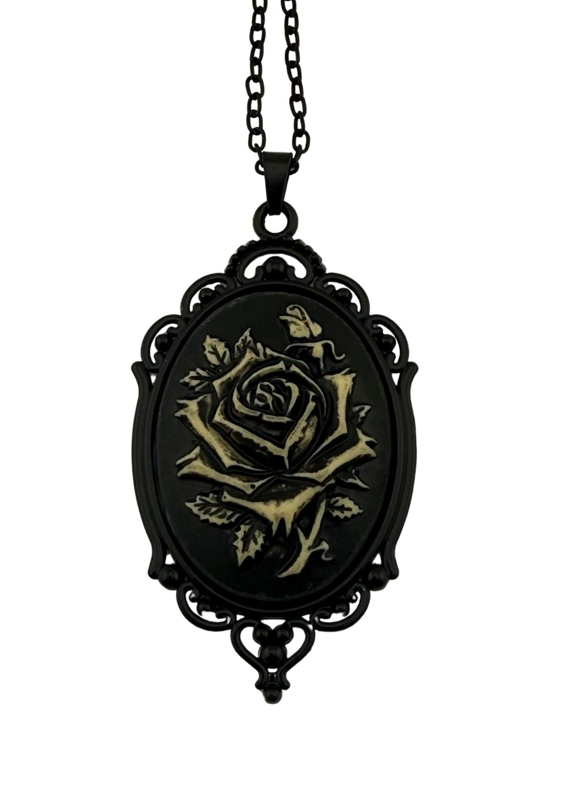 Schwarze Rose Kamee Anhänger Halskette.