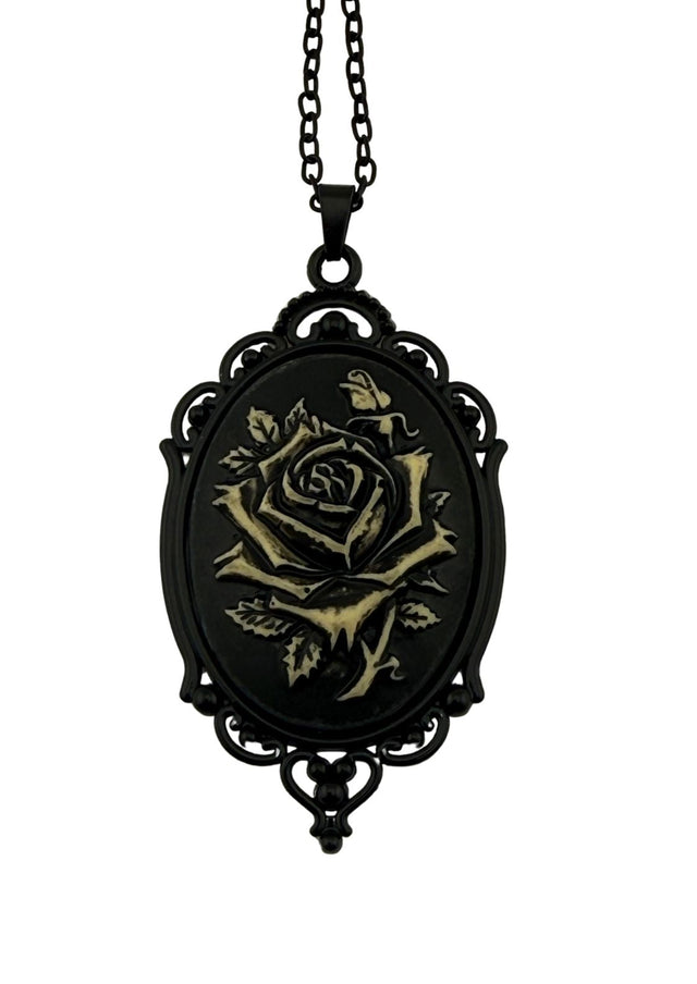 Schwarze Rose Kamee Anhänger Halskette.