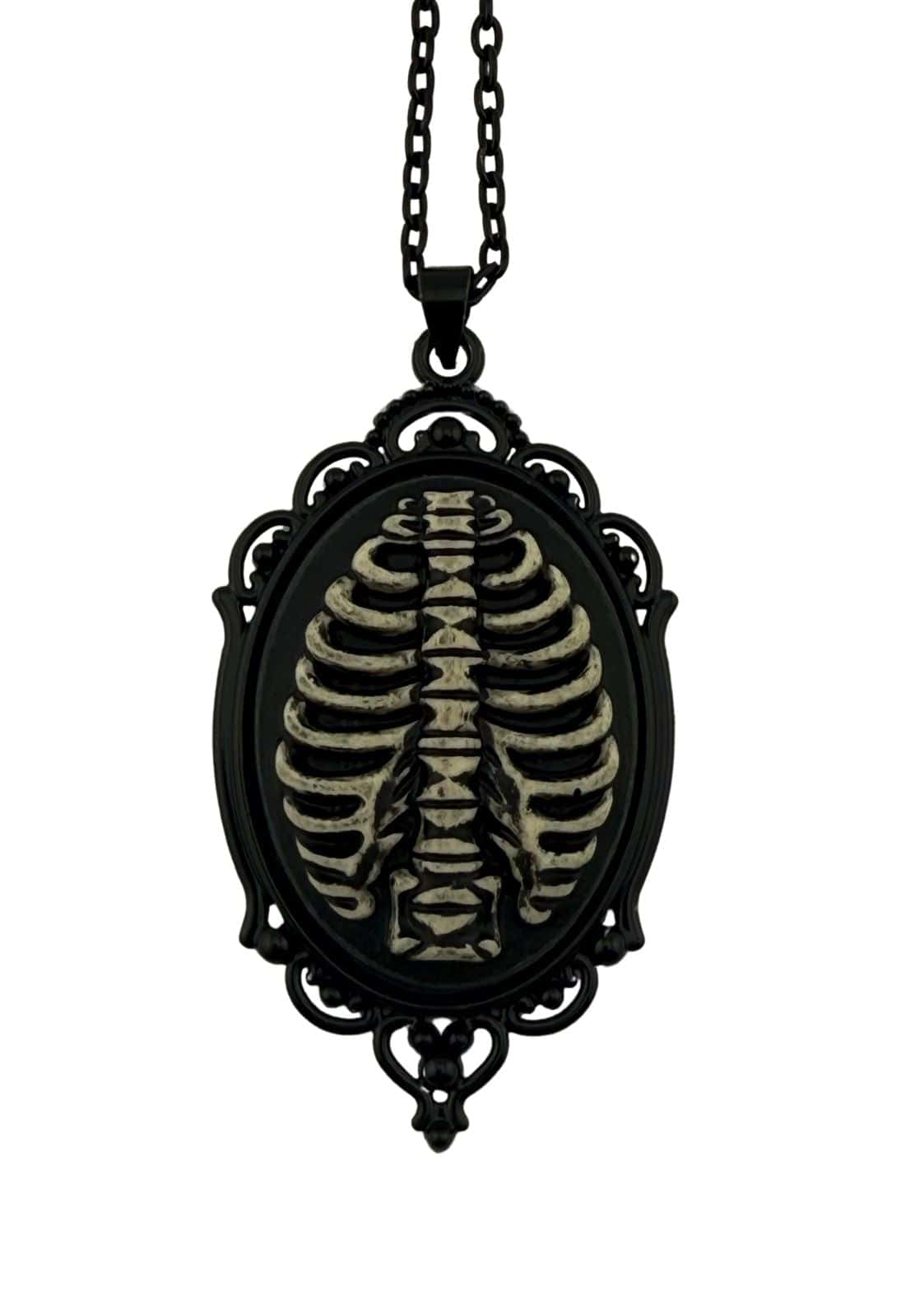 Schwarze cameo halskette mit gothic skelett ribcage design perfekt für horror fans