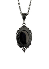 Schwarze Onyx-Cameo-Kette mit aufwendigem Filigran-Design und antiker Messingkette.
