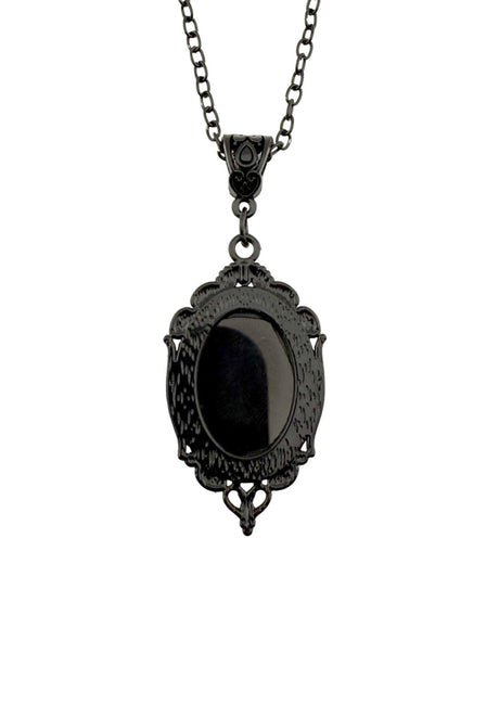 Schwarze Onyx-Cameo-Kette mit aufwendigem Filigran-Design und antiker Messingkette.