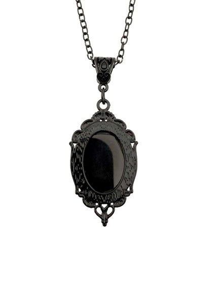 Schwarze Onyx-Cameo-Kette mit aufwendigem Filigran-Design und antiker Messingkette.
