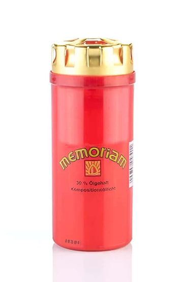 Rote grabkerze memoriam mit goldfarbenem deckel und langer brenndauer für gedenkzwecke
