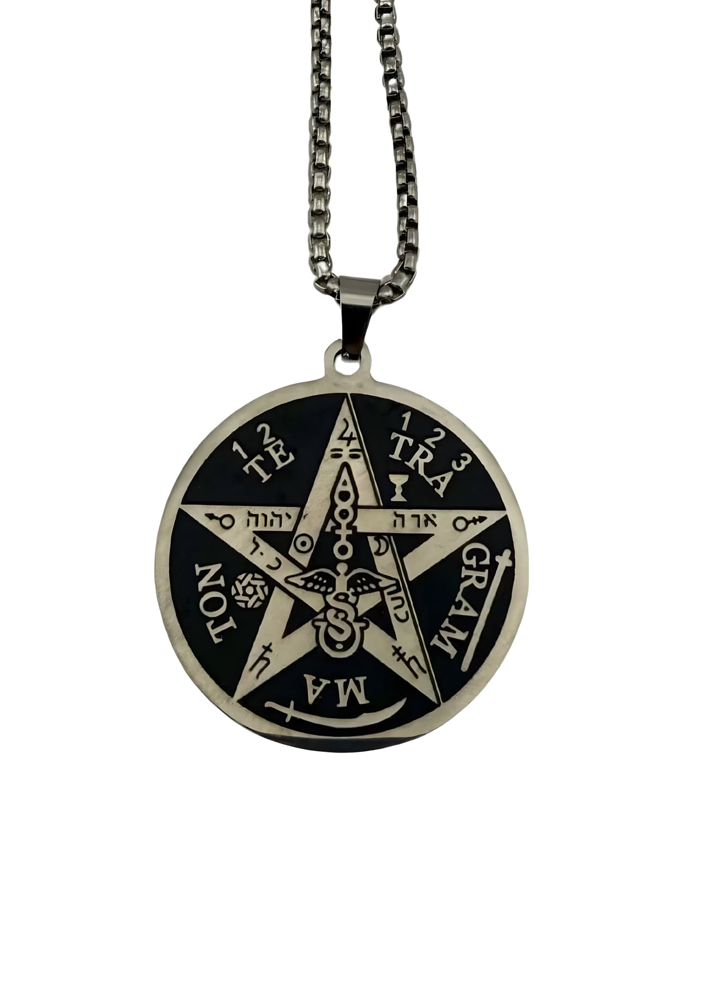 Silbernes Pentagramm-Halskette mit schwarz-weißem Design, mit hebräischen Buchstaben.