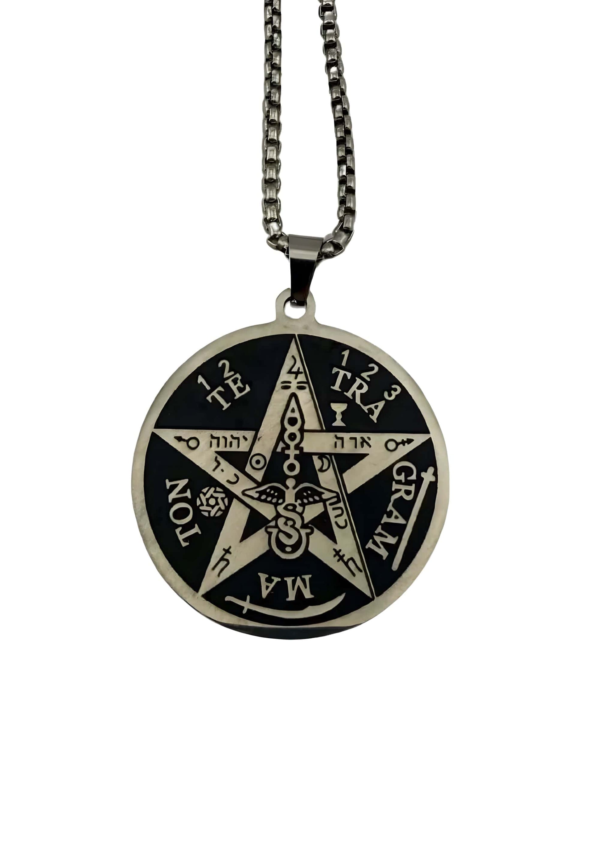 Silberne grammaton pentagramm halskette mit schwarz-weiß design und hebräischen buchstaben aus edelstahl herkunftsland unbekannt