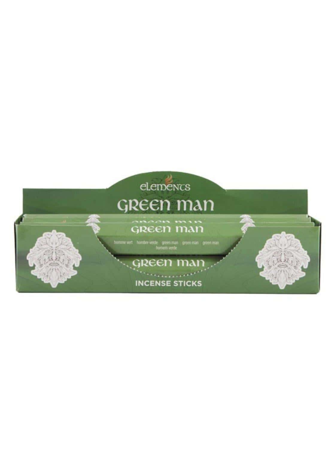 Grüne elements green man räucherstäbchen in grünem display mit weißen ornamenten für mystische atmosphäre und bewusste auszeiten in gut belüfteten räumen