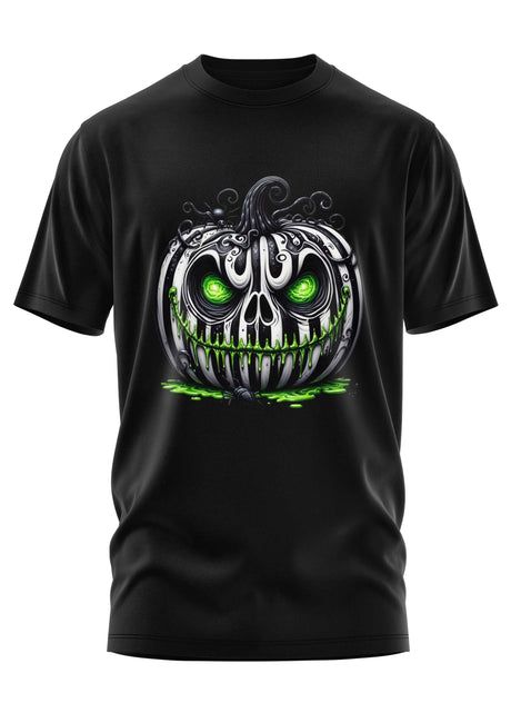 Schwarzes T-Shirt mit Kürbis-Totenkopf-Motiv, grünen Augen und weißen Zähnen.