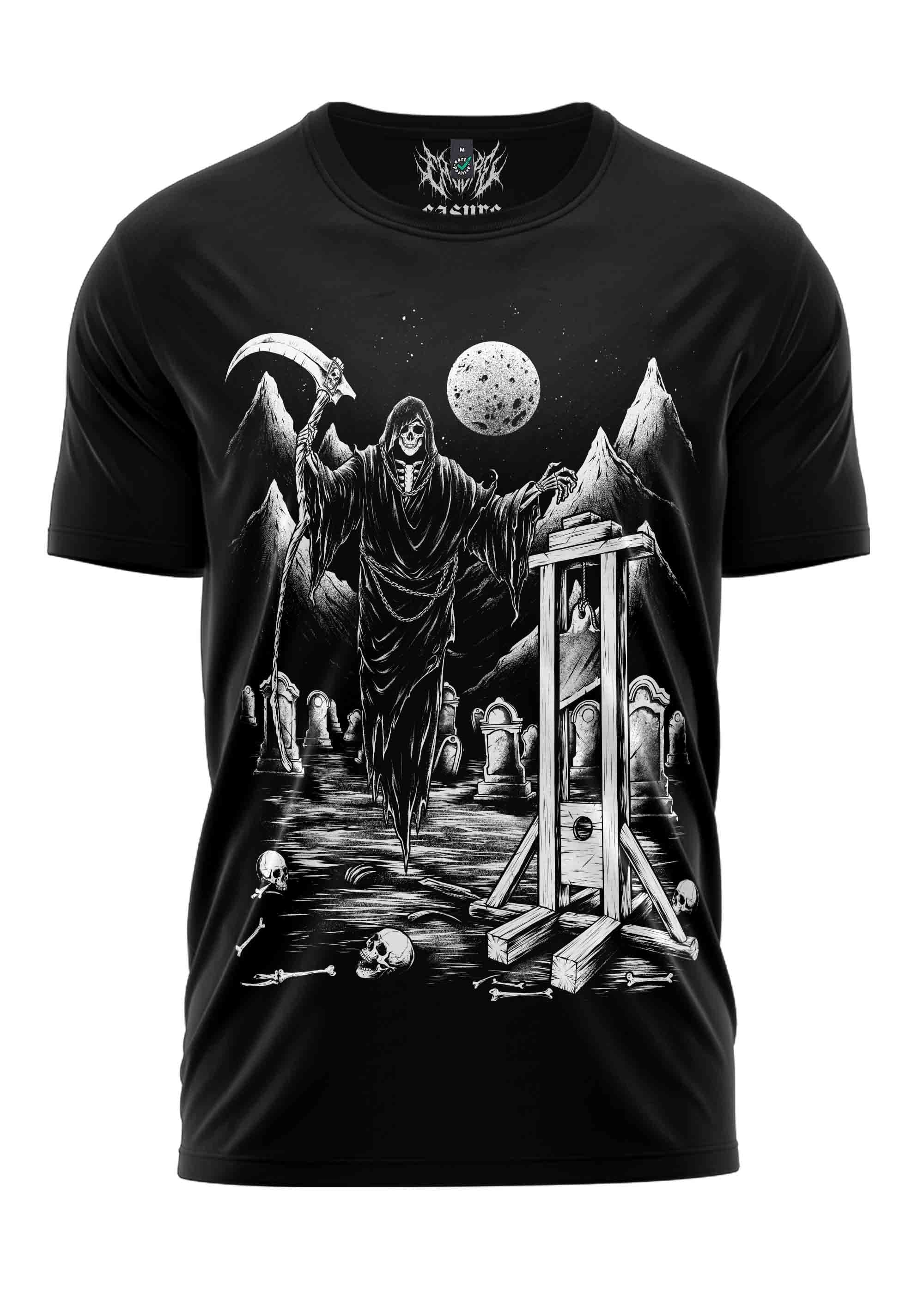 Schwarzes Gothic-Metal-T-Shirt mit Grim Reaper-Motiv vor Schafott, Bergen und Schädeln