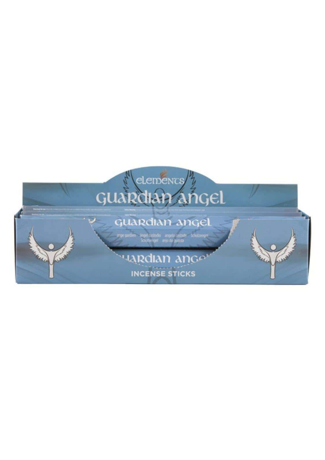 Lichte blaue rechteckige box guardian angel räucherstäbchen von elements mit weißen engelsflügel logos und text