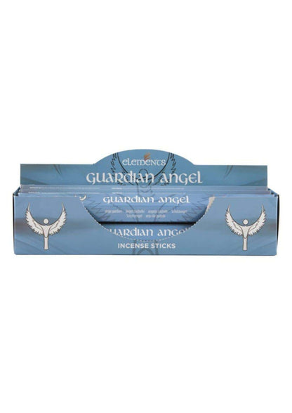 Lichte blaue rechteckige box guardian angel räucherstäbchen von elements mit weißen engelsflügel logos und text