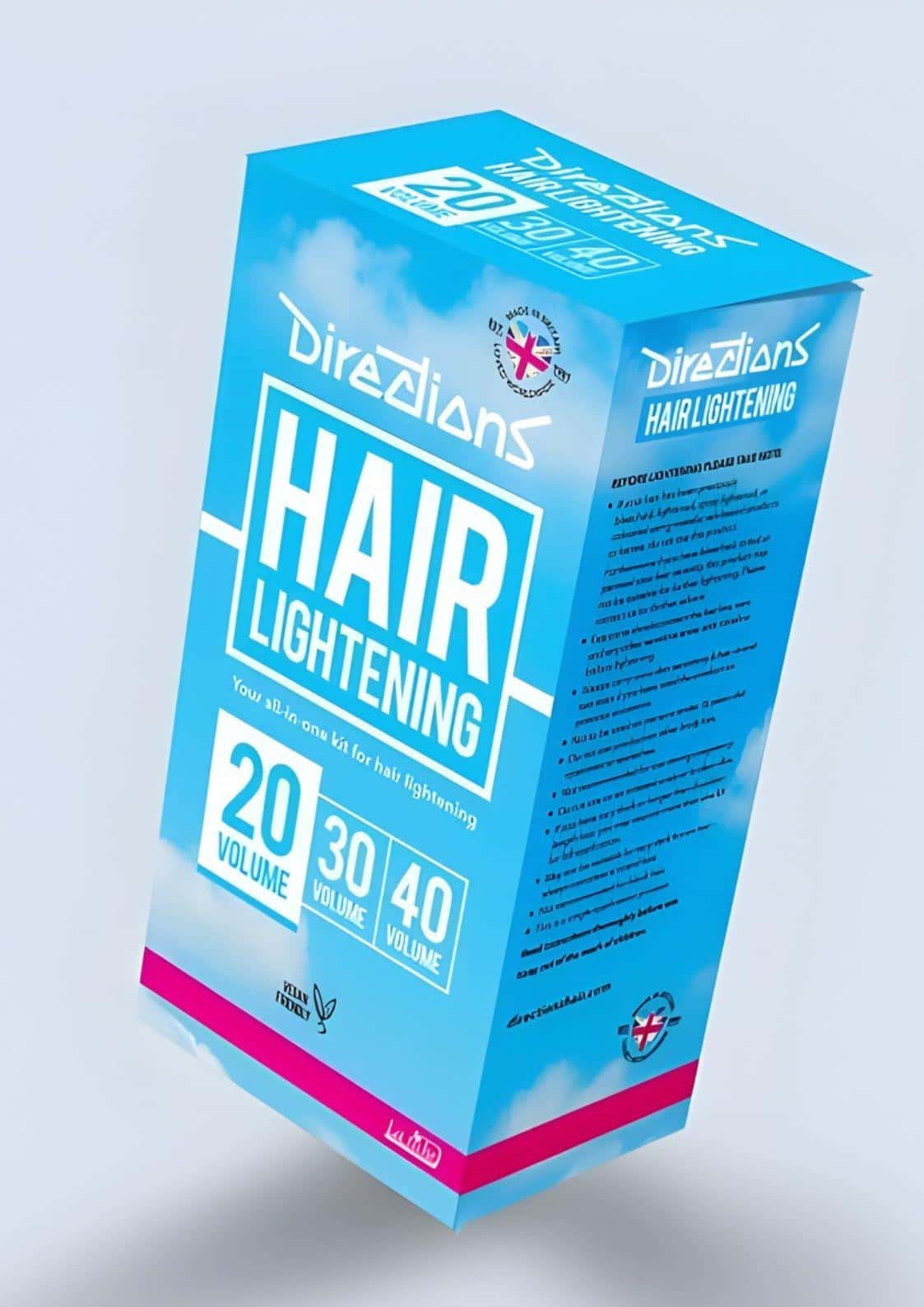 Blaues und pinkes directions la riche haaraufhellungs-kit mit weißem text und wolkengrafiken für kontrollierte aufhellung