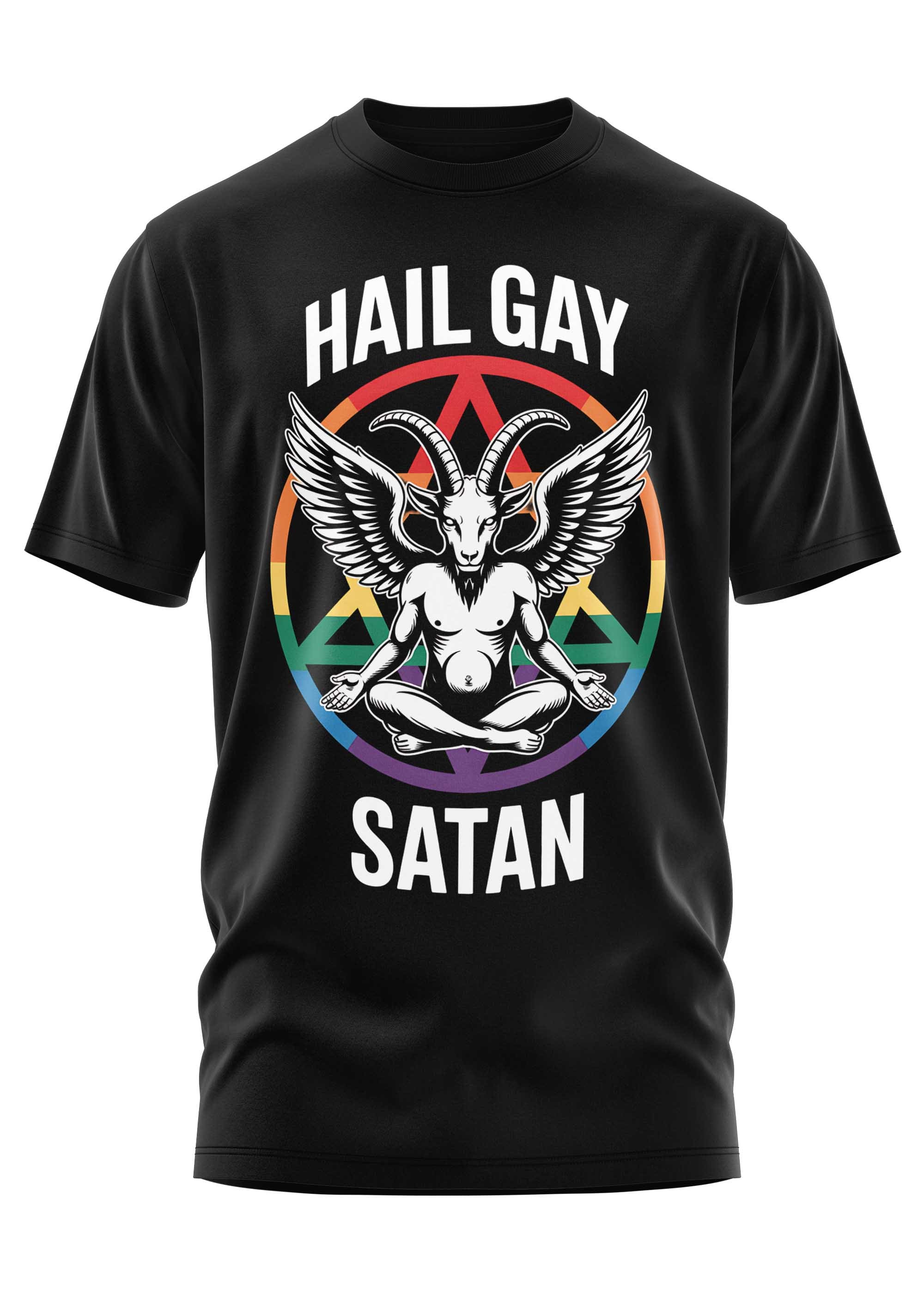 Schwarzes T-Shirt mit dem Motiv ’Hail Gay Satan’.