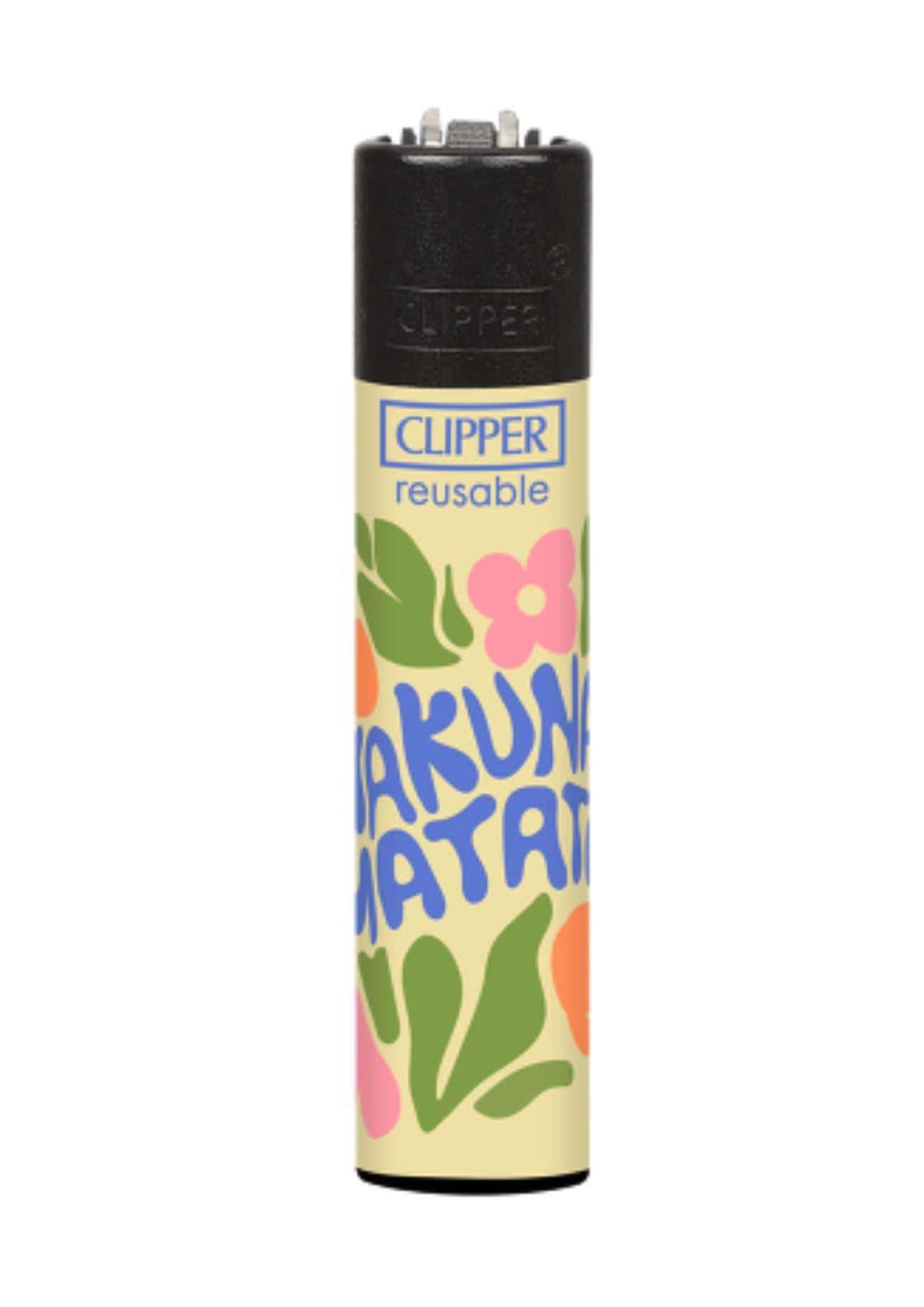 Buntes wiederbefüllbares clipper feuerzeug hakuna matata mit tropischem design und pinken blumen, ideal für gothic kleidung fans