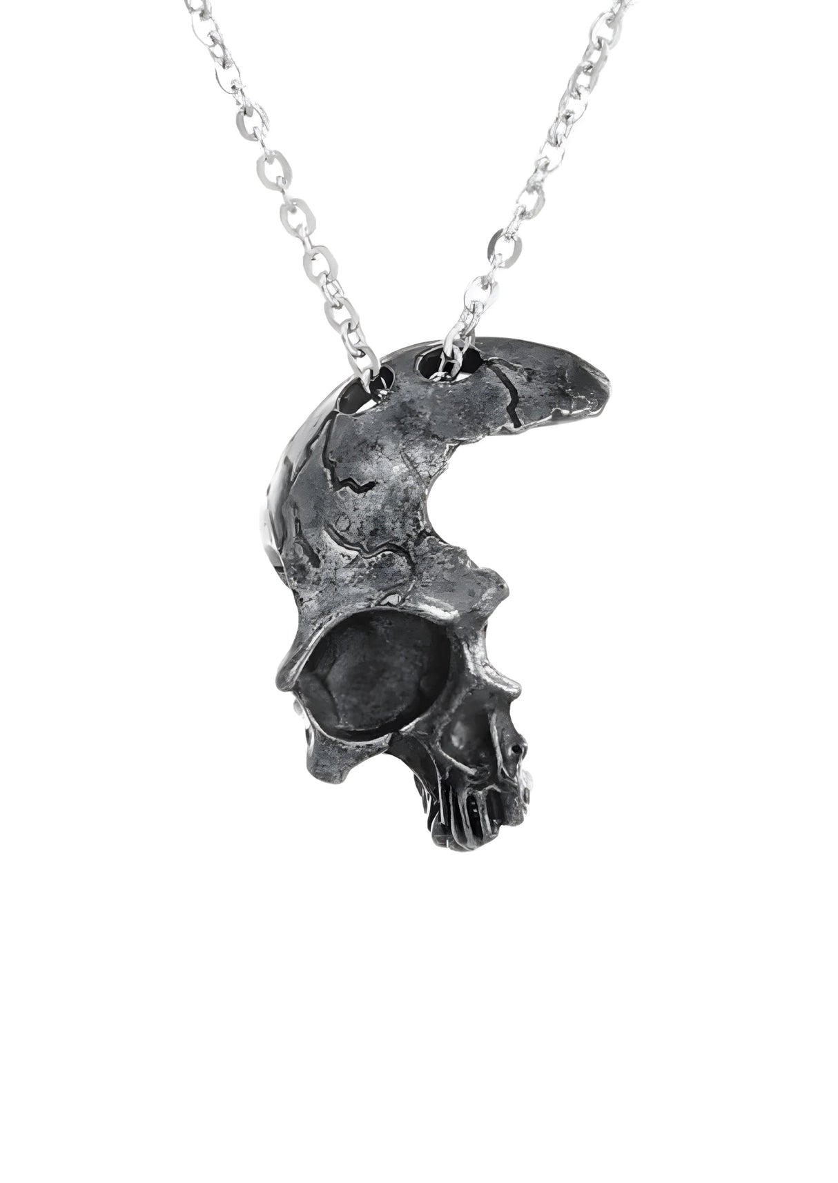 Silberner Totenkopfmond-Halskette mit schwarzem Steinauge