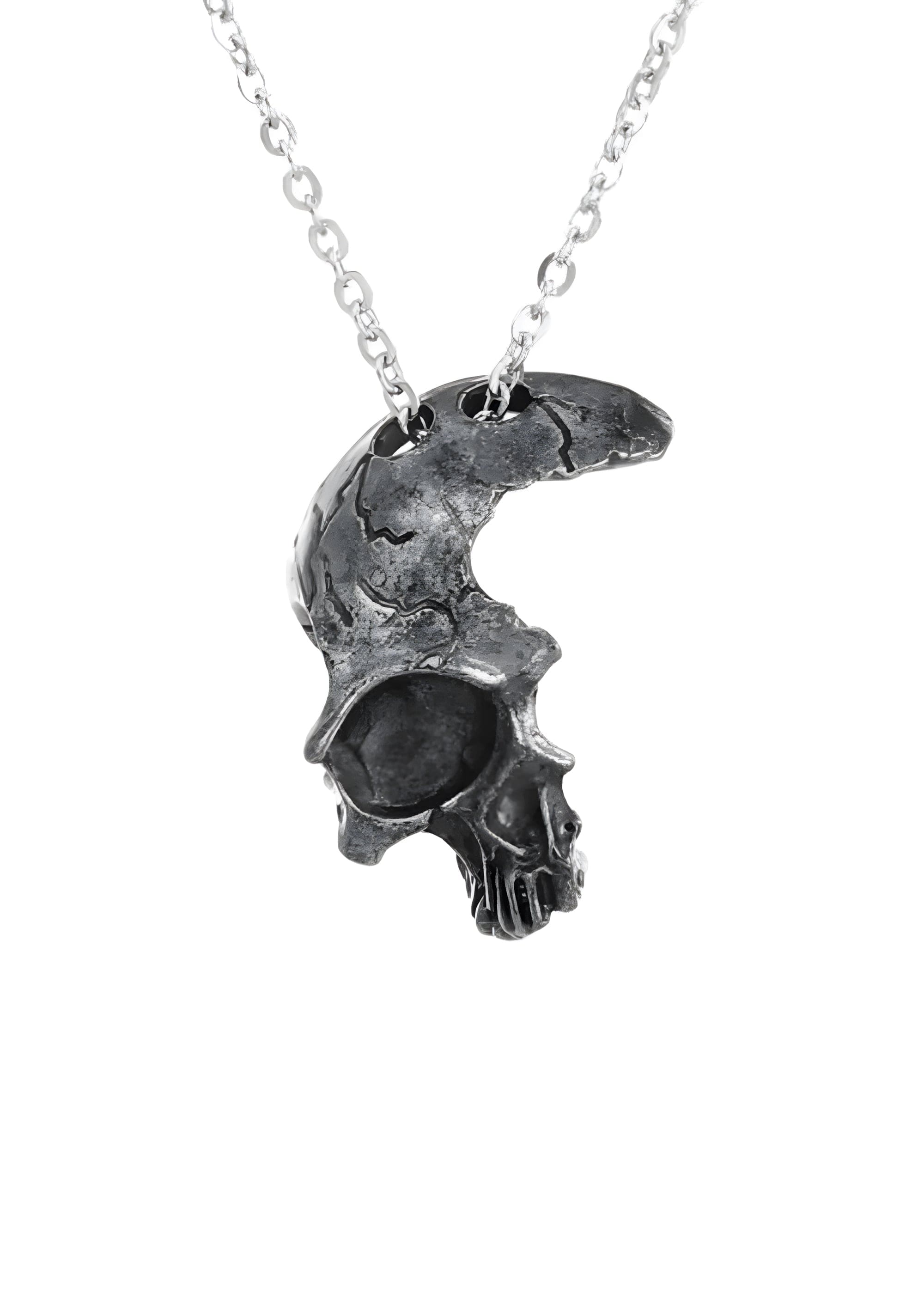 Silberner Totenkopfmond-Halskette mit schwarzem Steinauge