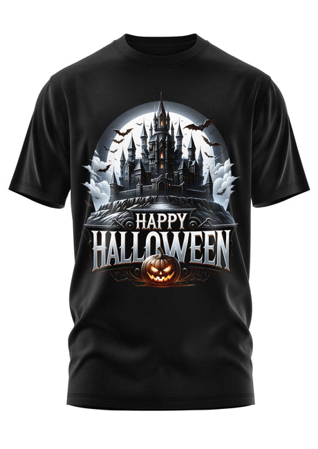Schwarzes T-Shirt mit einem Halloween-Motiv, das ein Spukschloss, Irrlichter und Gespenster zeigt.
