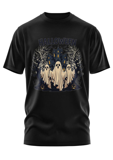 Schwarzes T-Shirt mit Gespenstermotiv und Halloween-Text.