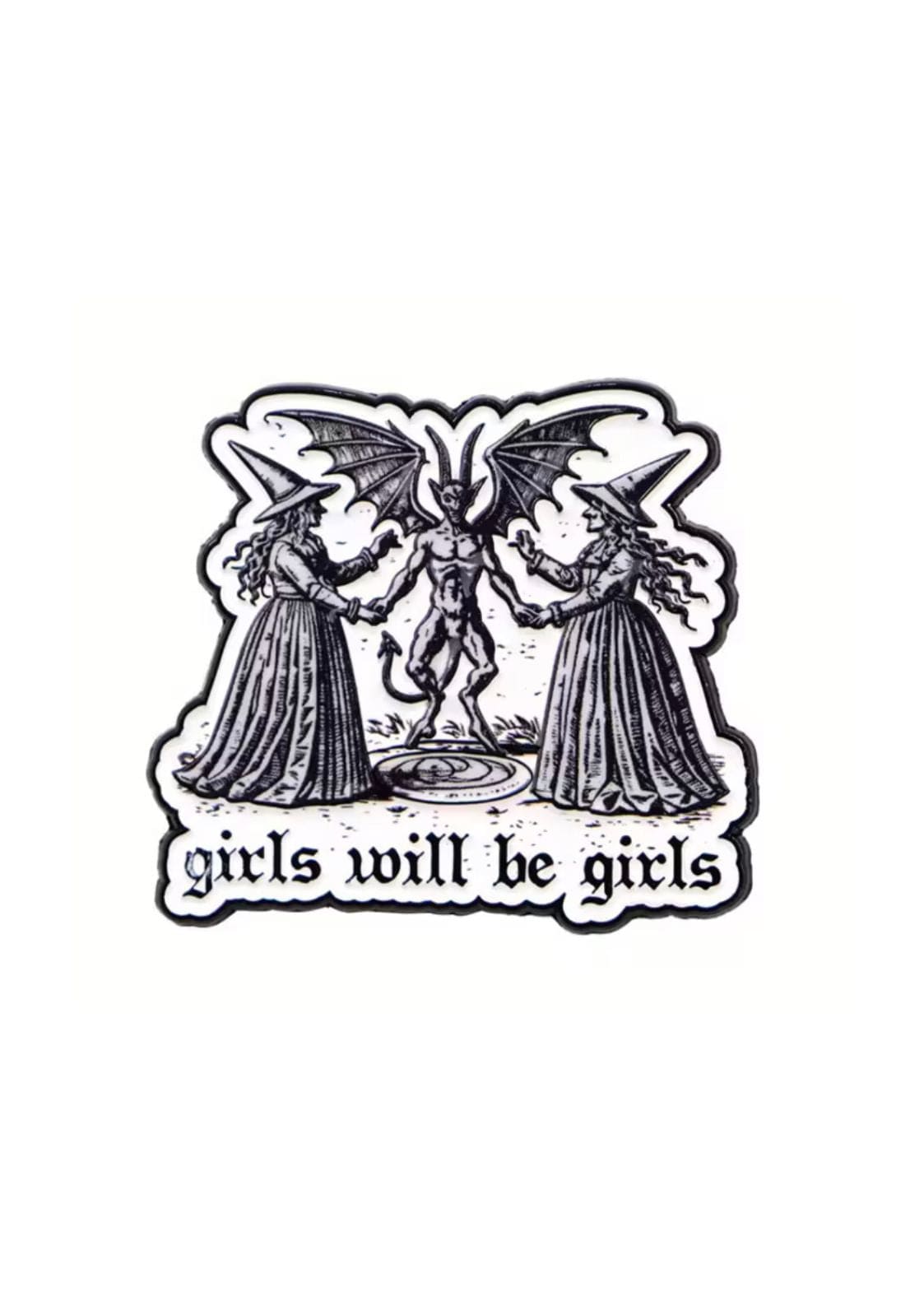 Schwarz-weißer Aufkleber, der zwei Hexen zeigt, die sich mit einem gehörnten, geflügelten Dämon an den Händen halten.