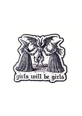 Schwarz-weißer Aufkleber, der zwei Hexen zeigt, die sich mit einem gehörnten, geflügelten Dämon an den Händen halten.