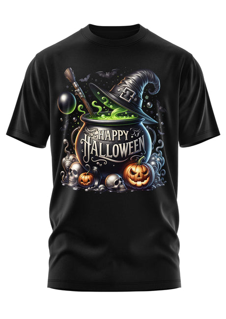 Schwarzes T-Shirt mit Halloween-Motiv mit Kessel, Kürbissen und Hexenhut.