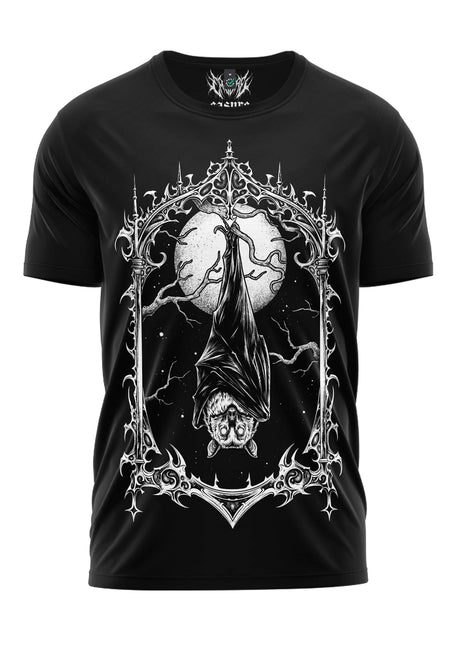 Schwarzes Gothic-Metal-T-Shirt mit hängender Fledermaus