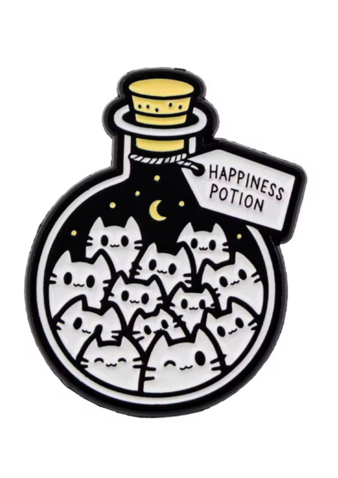 Schwarz-weißes Katzenthema Glücks-Trankflaschen-Anstecker.