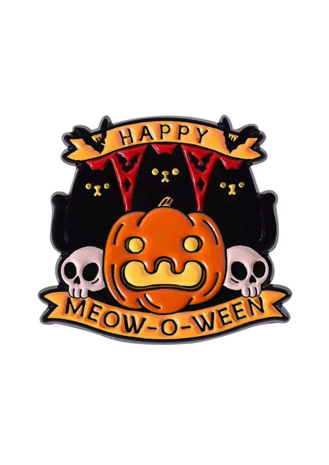 Oranger kürbisförmiger emaillierter pin mit schwarzen katzen und schädeln happy meow-o-ween text für gothic kleidung