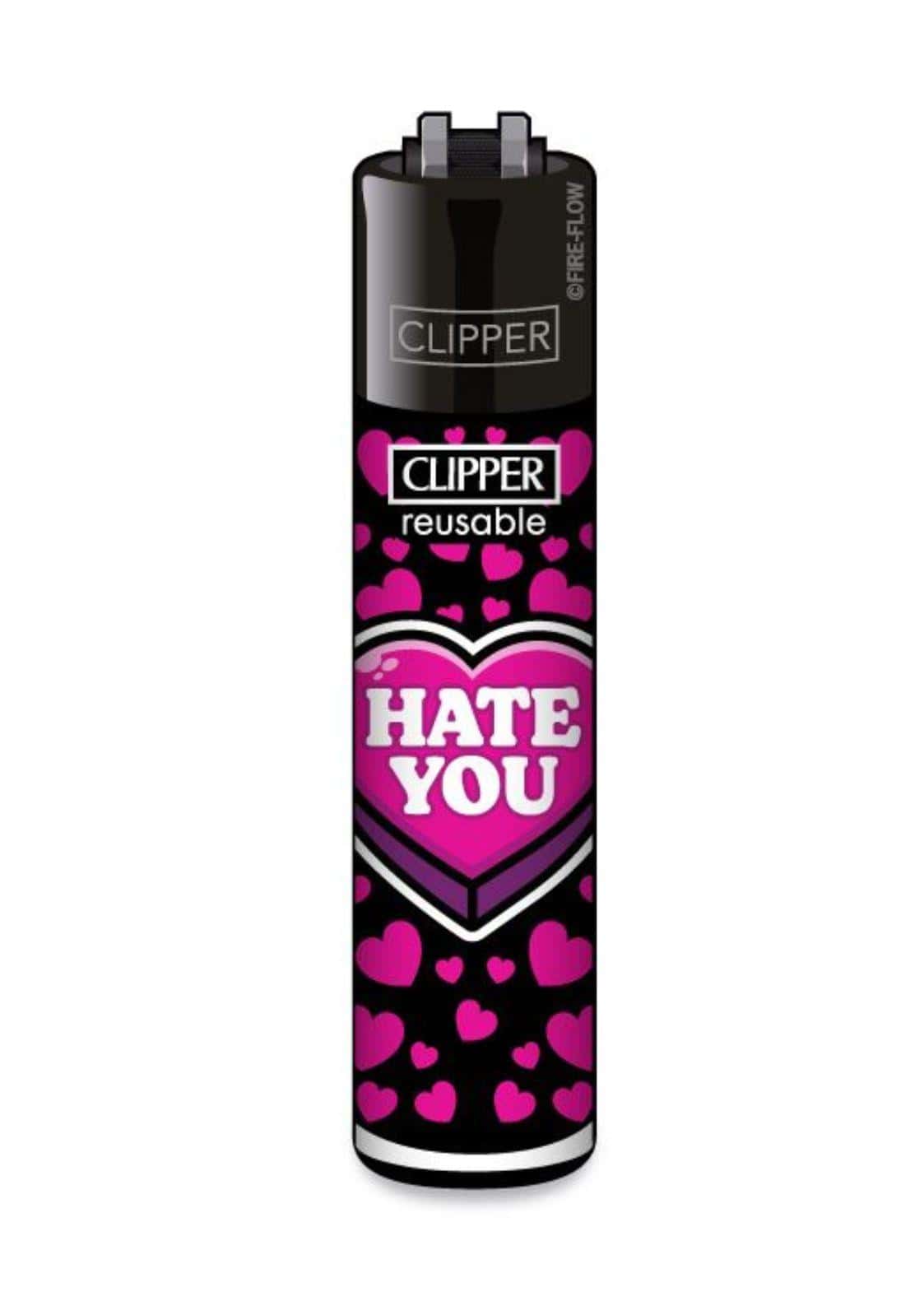 Schwarzes clipper feuerzeug nachfüllbar mit pinkem herz und hate you schrift für gleichmäßige flamme