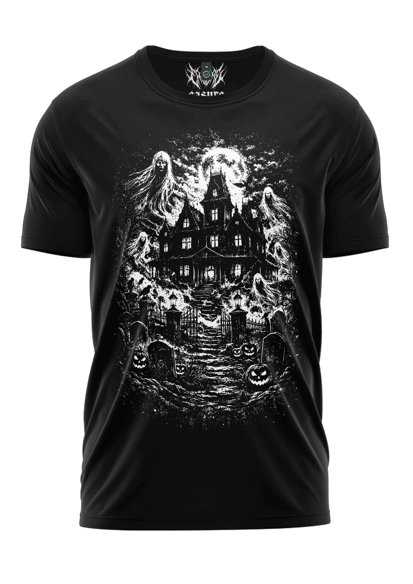 Schwarzes kurzarmshirt haunted house mit weißem gruseligem motiv für alternative fashion und dark art fans