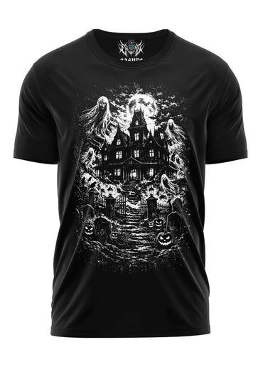 Schwarzes kurzarmshirt haunted house mit weißem gruseligem motiv für alternative fashion und dark art fans