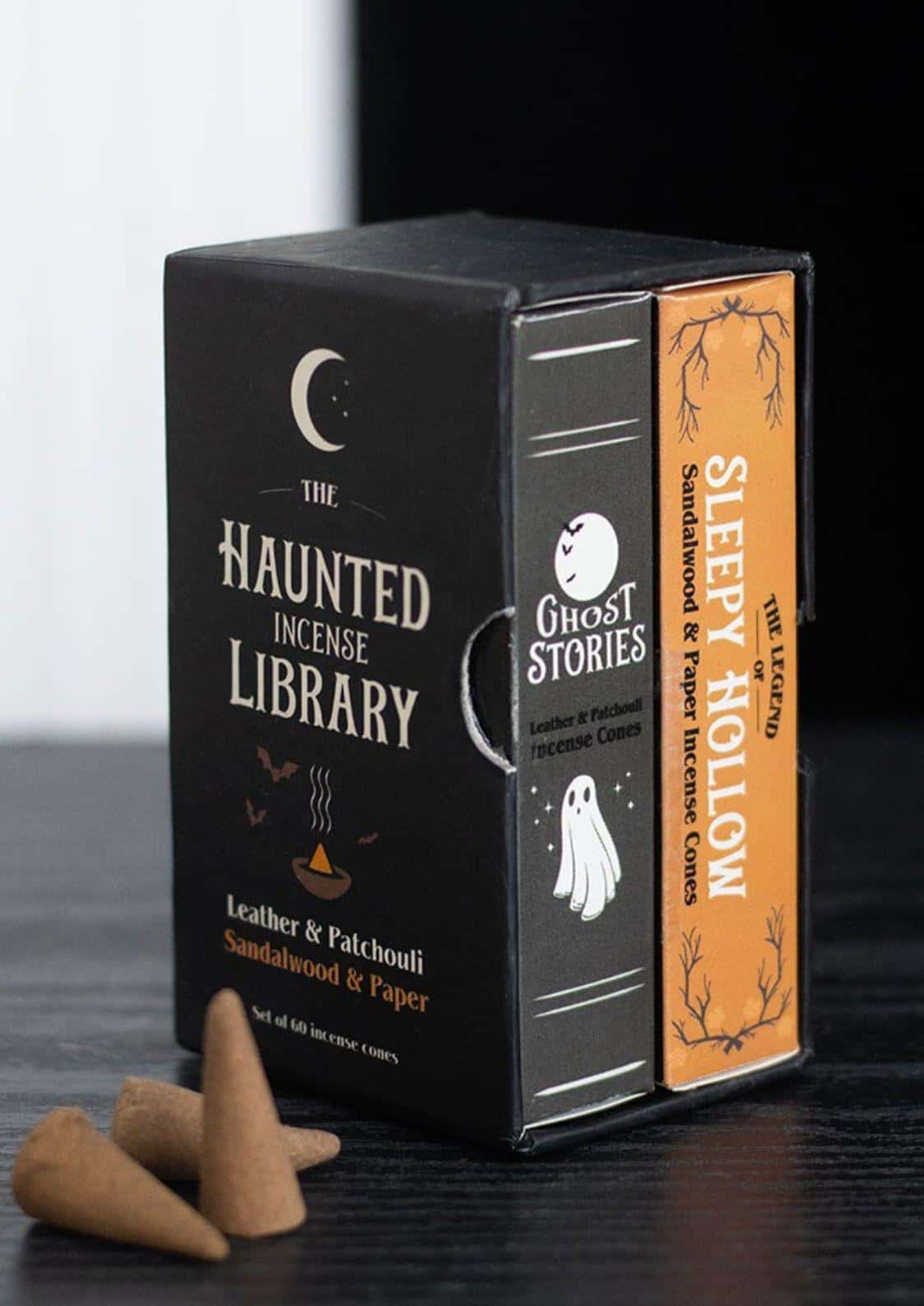 Schwarze und orange box the haunted incense library mit 60 räucherkegel leder patchouli sandelholz und papier für zarte duft