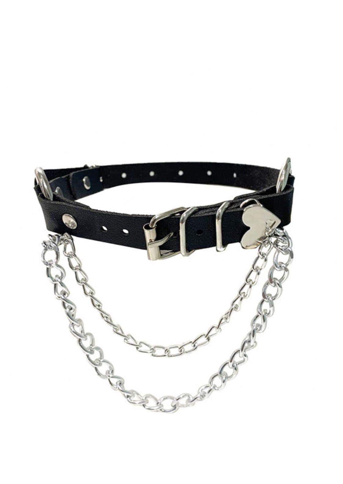 Black leather gothic choker with silver buckle heart charm and two layered chain strands faux leather design